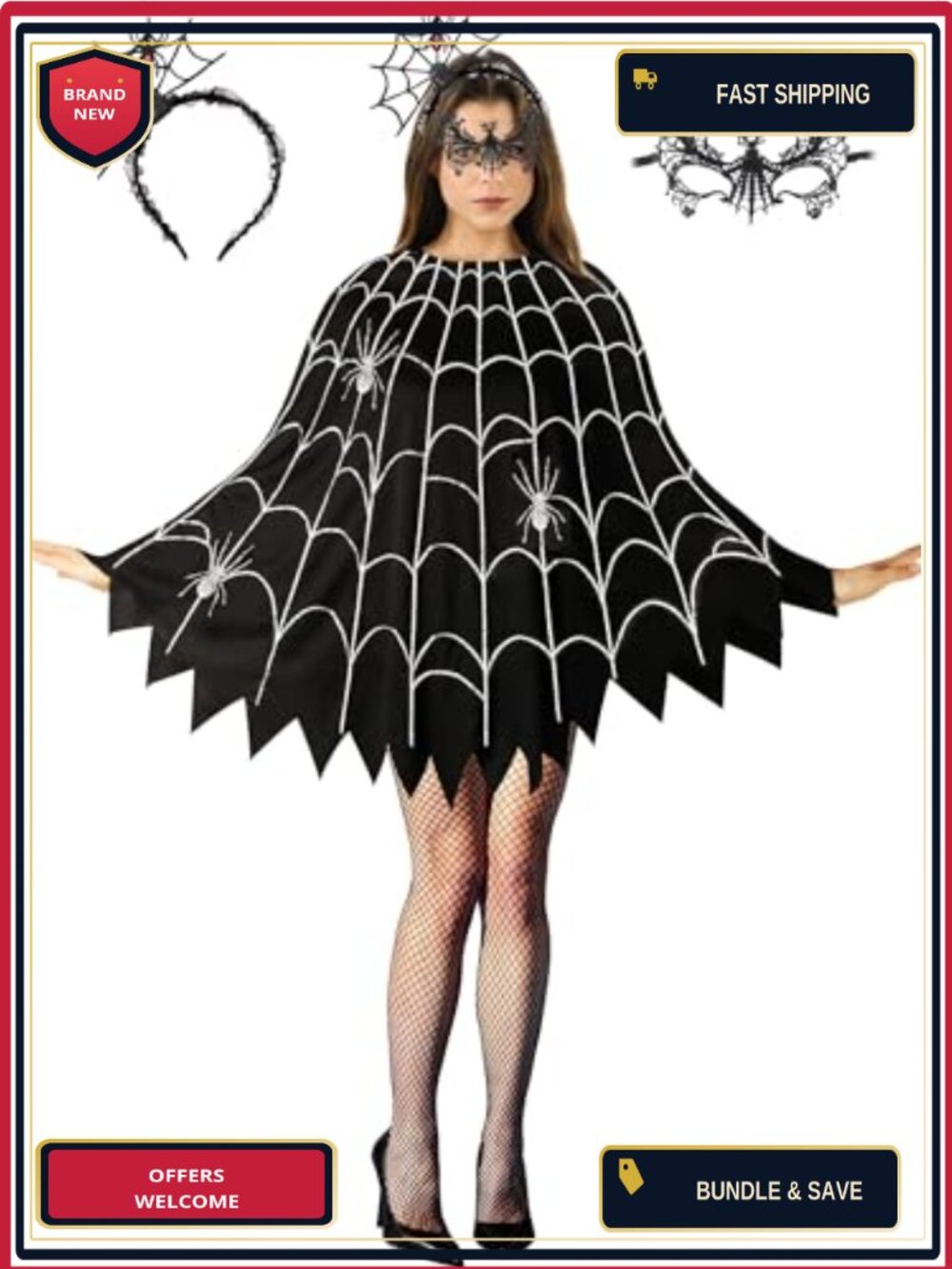 Spider Web Poncho Costume Set with Headband & Lace Mask